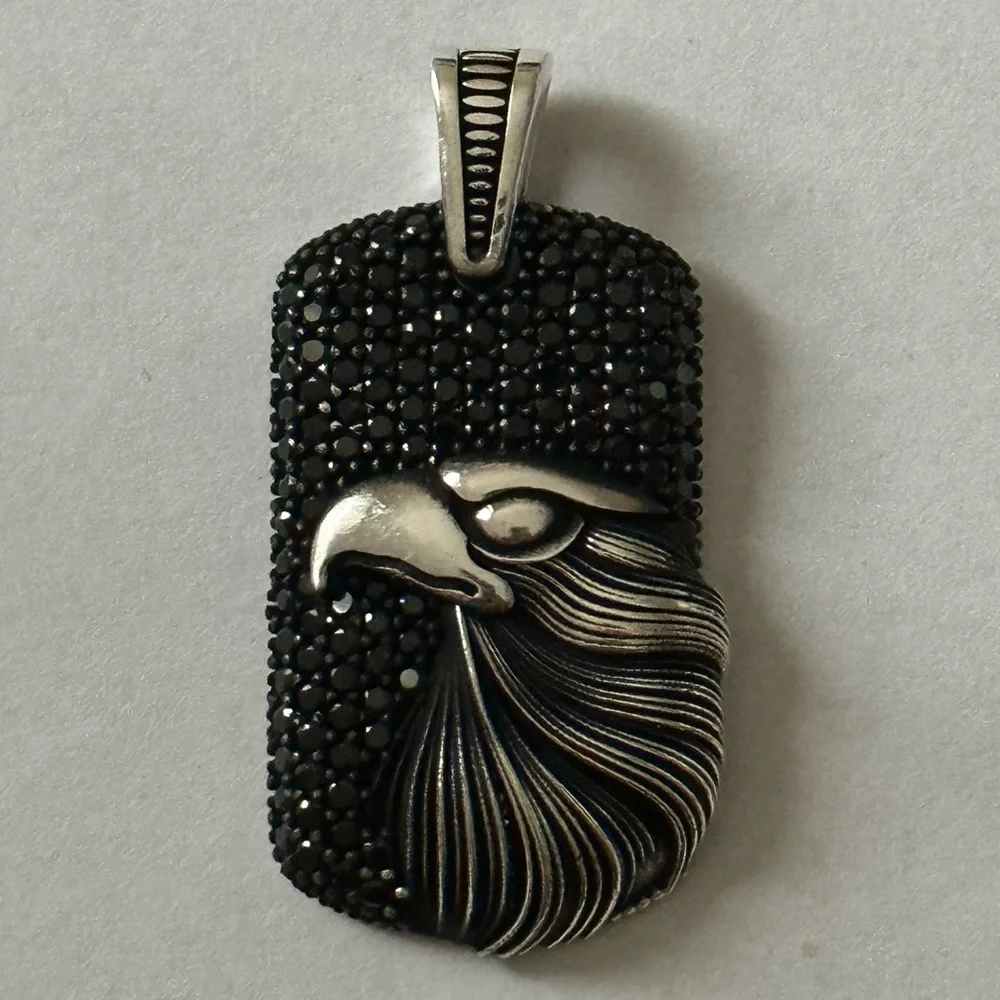 925 Silver eagle rectangle pendant black cubic zirconia cz stones unisex